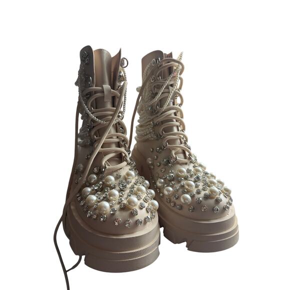 Azalea Wang Pearl Embellished Platform Combat Boots Sz 6 Y2K diamond NEW - Picture 3 of 10
